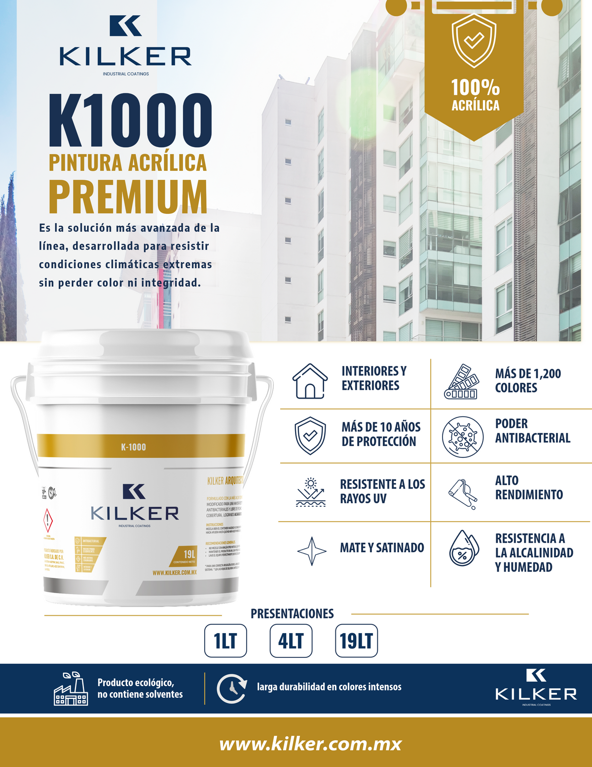 Pintura acrilíca anti bacterial K-1000 19lts Mate o Satinada