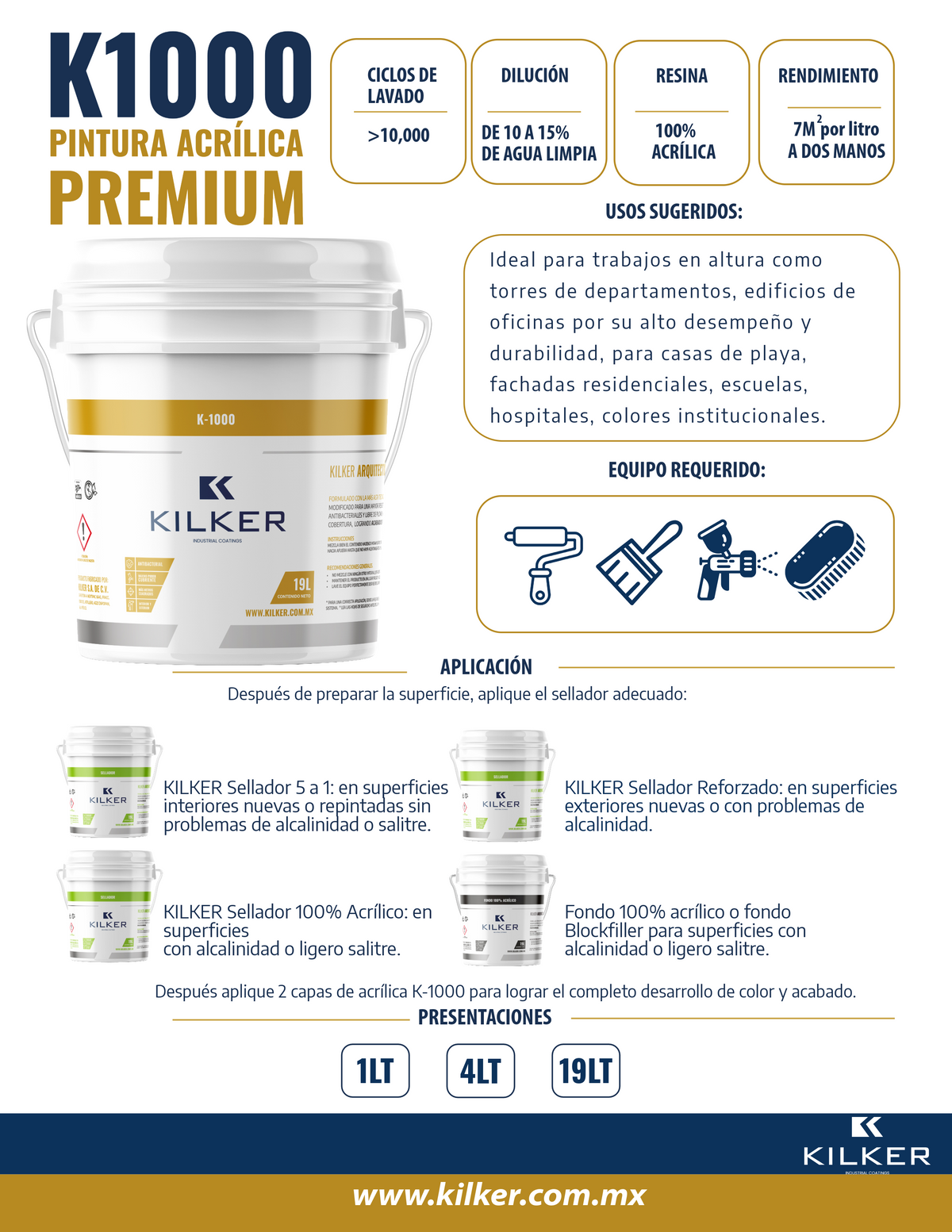 Pintura acrilíca anti bacterial K-1000 19lts Mate o Satinada