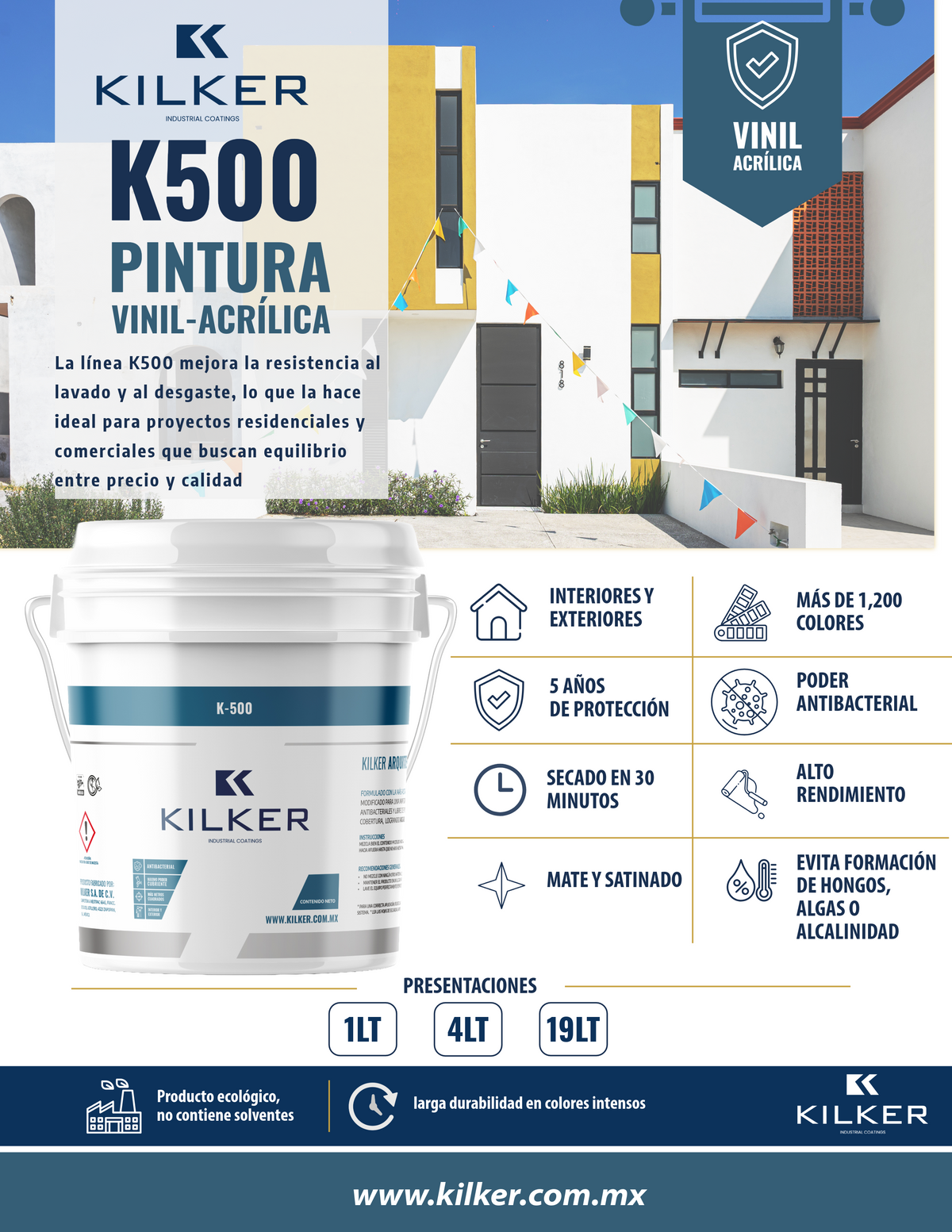 Pintura vinílica K-500 19lts Blanco Mate o Satinado