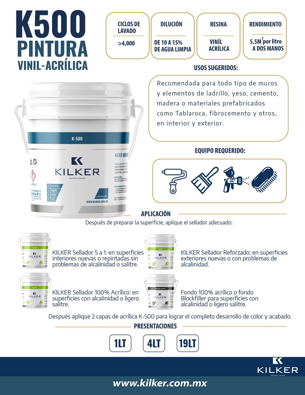 Pintura vinílica K-500 19lts Blanco Mate o Satinado