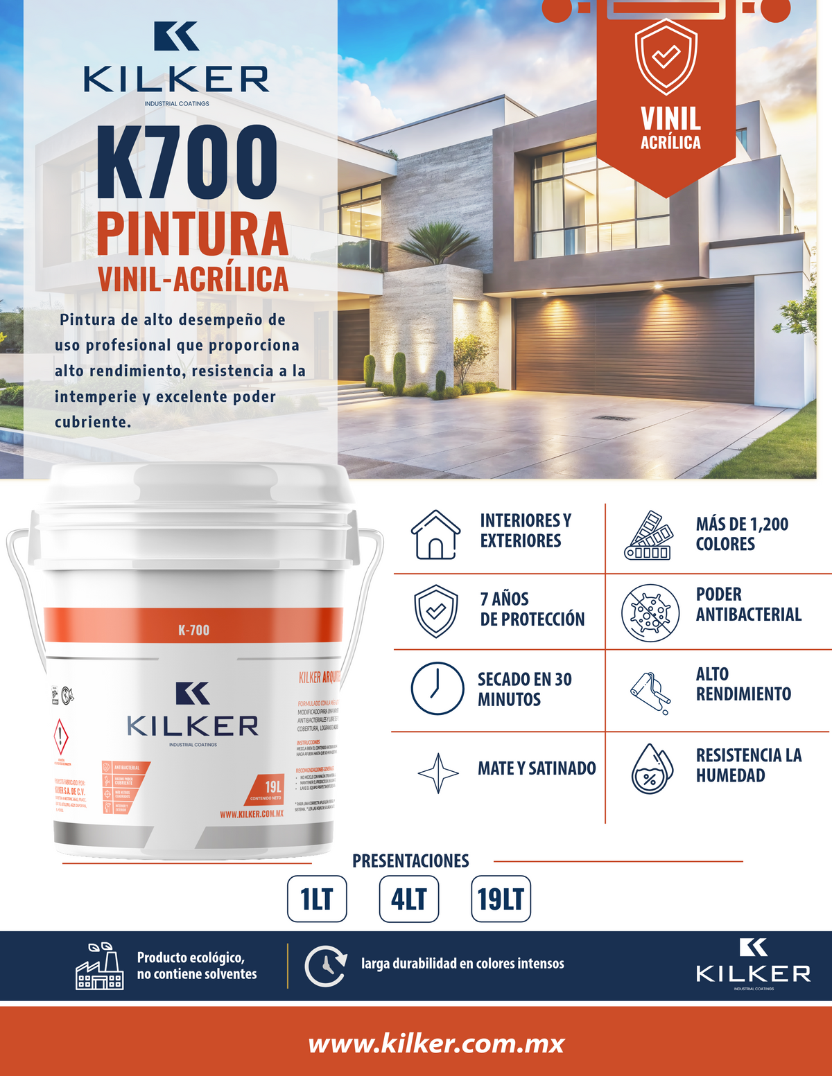 Pintura vinil-acrílica anti bacterial K-700 19lts satinada o mate