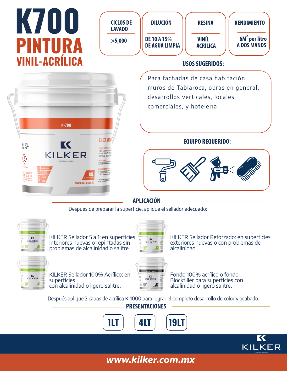 Pintura vinil-acrílica anti bacterial K-700 19lts satinada o mate